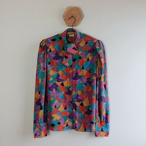 Vintage 80s Liz Claiborn Abstract Geometric Multicolor Neck Tie Blouse Top Sz L